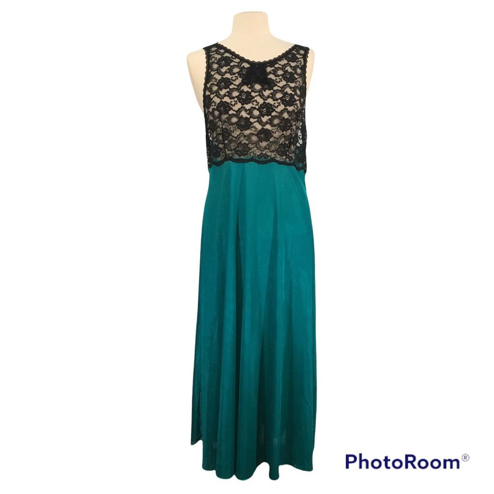 Adonna Vintage Sexy Green Nylon Black Lace See Thru Night Gown, Negligee 38 bust